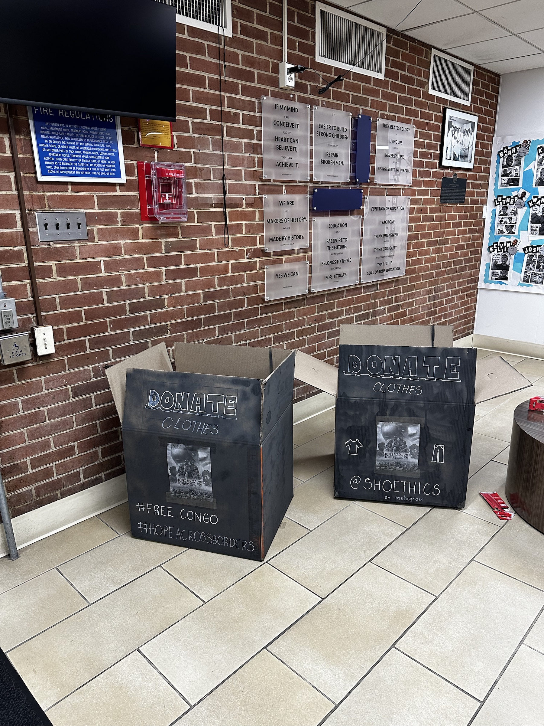 Shoethics clothing donation boxes set up on campus
